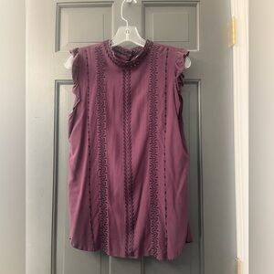 Sleeveless Lace-Trim Mock Neck Top - Plum